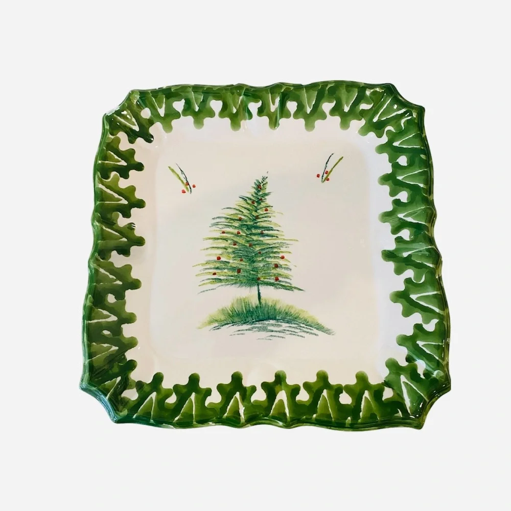 NWOT Set 2 Handpainted Christmas Tree Ceramic Platters Italy Square White Green